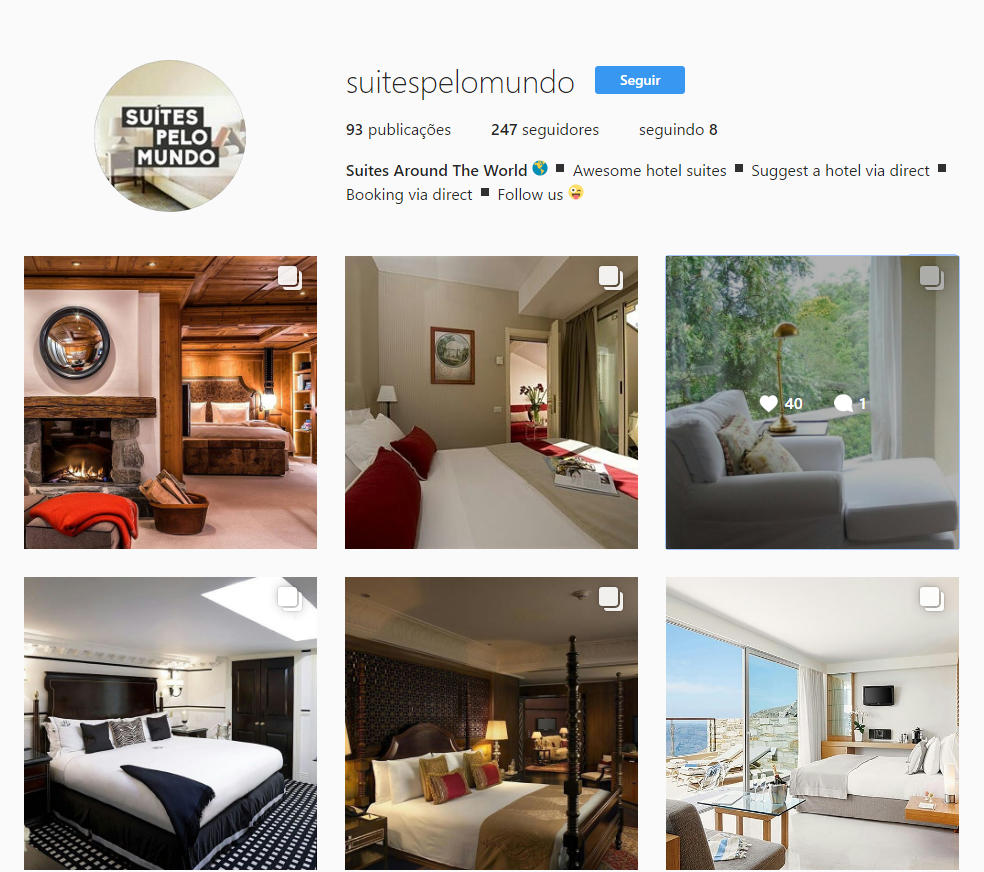 Suítes e quartos de hotel no perfil @suitespelomundo do Instagram