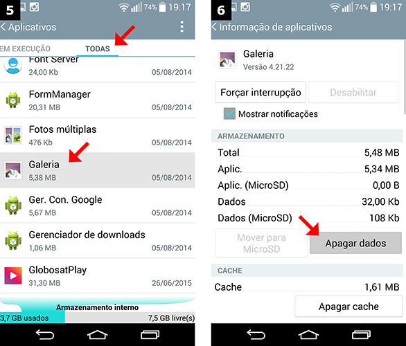 Acessando as configurações de galeria e apagando dados